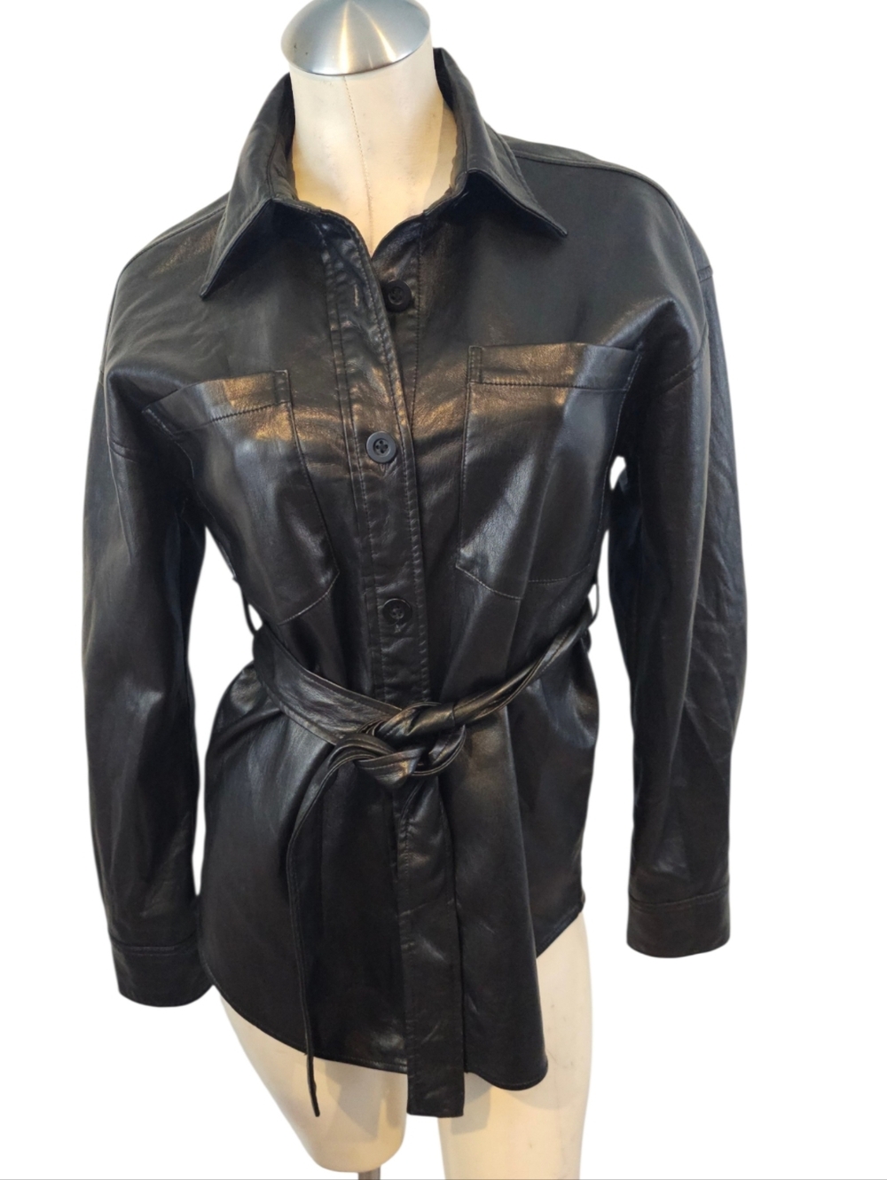 Babaton Size XS Black Faux Leather Button-Front Jacket with Waist Tie